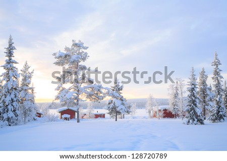 Winter landscape with house at Kiruna Sweden lapland