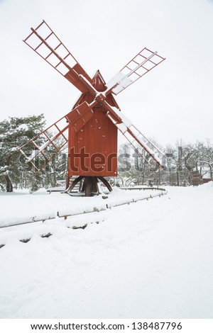 Beautiful winter windmill landscape in Stockholm Sweden