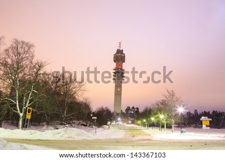STOCKHOLM, SWEDEN - DECEMBER 24: The TV tower Kaknastornet at night on December 24, 2012. The TV tower Kaknastornet is a major hub of Swedish television, radio and satellite broadcasts.