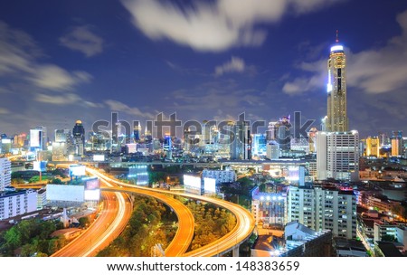 aerial view of Bangkok Highway to Downtown business area at night