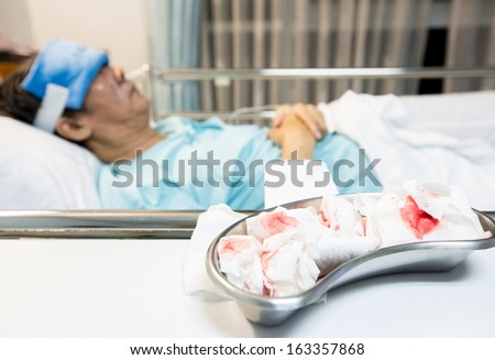 mature senior man Patient sleeping in hospital bed (Selective focus at front)