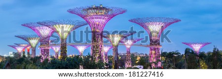 SINGAPORE-FEB 14: A Night view of The Supertree Grove at Gardens by the Bay on Feb 14, 2014 in Singapore. Spanning 101 hectares of reclaimed land in central Singapore, adjacent to Marina Reservoir.