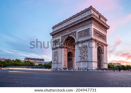 Arc of Triomphe Champs Elysees Paris city at sunset Arc of Triomphe Champs Elysees Paris city at sunset