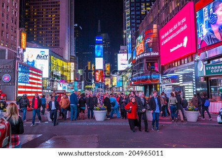 New York City -April 8: Times Square, featured with Broadway Theaters and animated LED signs, is a symbol of New York City and the United States, April 8, 2014 in Manhattan, New York City.