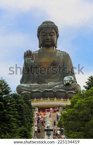 HONG KONG , CHINA - AUG 12 :Tian Tan Buddha on August 12, 2014. Tian Tan Buddha is a large bronze statue of a Buddha Amoghasiddhi, completed in 1993,  located at Ngong Ping, Lantau Island,  Hong Kong
