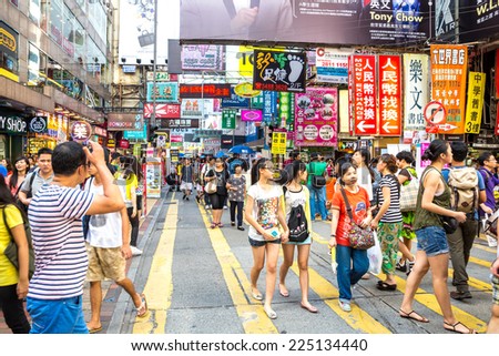 HONG KONG , CHINA - AUG 10 : Mongkok shopping street on August 10, 2014 in Hong Kong, China. Mongkok in Kowloon is one of the most neon-lighted place in the world and is full of ads of  companies.