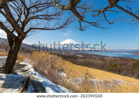 Aerial panorama view point of Mount Fuji at Yamanaka Lake in Winter