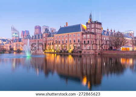Binnenhof palace, place of Parliament inThe Hague, of Netherlands at dusk