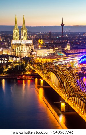 Aerial Cologne Cathedral and Hohenzollern Bridge, Cologne, Germany
