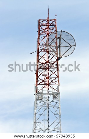 Satellite Dish on Telecommunication Radio antenna Tower with blue sky