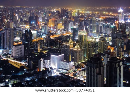 stock photo : Skyscraper Bangkok downtown top View at Night from top of Bangkok