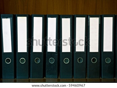 Wooden Shelf with document Folders and blank label
