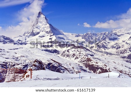 Landscape of Matterhorn peak, logo of Toblerone chocolate, located at Gornergrat in Switzerland