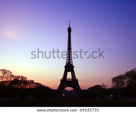 Silhouette of Eiffel Tower in the evening. The Eiffel tower is the most visited monument of France.