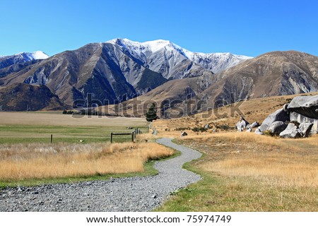 curve pathway to the mountain at Castle Hill New Zealand
