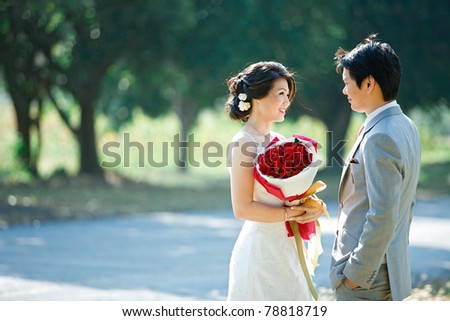 romantic bride and groom,each other seeing eyes