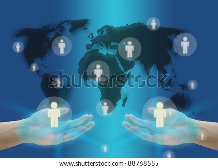 hand hold person World Social Network Communication Concept with world map