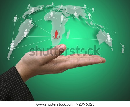 Business Hand Hold Person Connection on World Map using as Social Network Concept