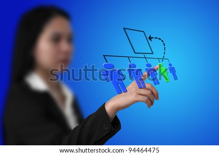 Business Woman Select Employee to Promote on Virtual Touch Screen Interface for Job Promotion Concept