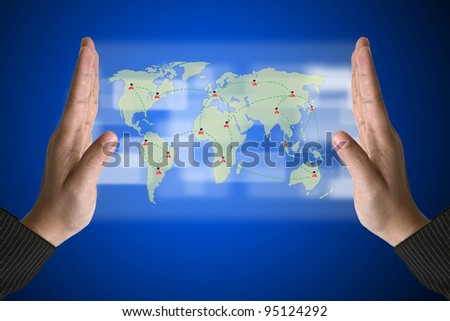 Business Hand with World Social Media Concept on Technology Virtual Screen