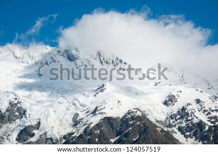 Beautiful view of snow mountain during walk to glacier in Mount Cook National Park, South Island, New Zealand