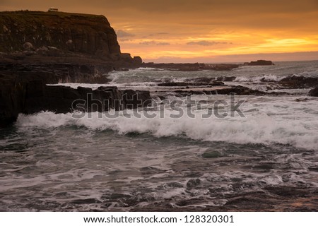 Beautiful landscape of rock and sea in sunrise time with yellow-eyed penguin at Waikawa bay, South Island, New Zealand