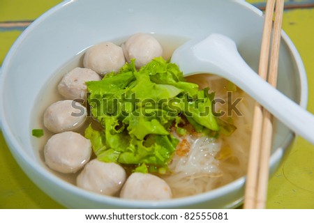 Asian cuisine, rice noodles with fish ball and meat ball