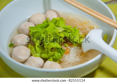 Asian cuisine, rice noodles with fish ball and meat ball