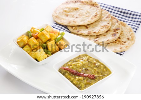 Indian Cottage Cheese with  Maa Chole Ki Dal or Yellow Gram & Split Black Lentils Curry with Paratha , Indian Dish