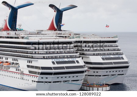 COZUMEL, MEXICO- DEC 11: The Carnival Triumph cruise ship in port in Cozumel, Mexico on December 11, 2012, 2 months before the engine fire that halted it at sea.