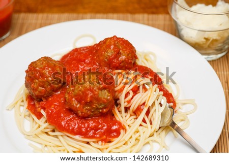 A dinner of spaghetti and meatballs on a white plate