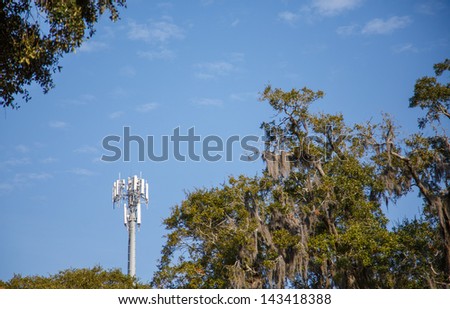 A cell phone tower in blue sky beyond old southern oak trees and spanish moss