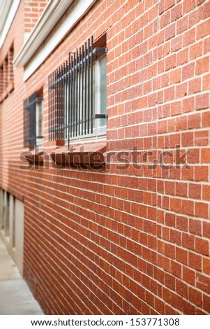 Iron security bars over windows in a brick wall