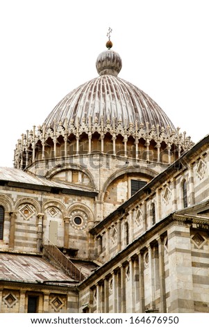 An ancient, ornately decorated, domed church in Pisa, Italy isolated on a white background