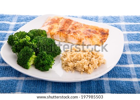 Baked Salmon Fillet with Steamed Broccoli and Brown Rice