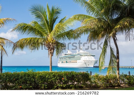White Luxury cruise ship in blue water beyond palm trees
