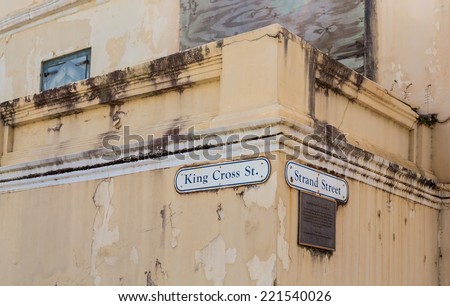 Old buildings at the corner of King Cross and Strand streets on St Croix in the Caribbean