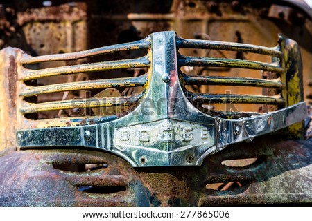 DETROIT, MICHIGAN - May 11, 2015: The grill from the front of a Dodge truck. Founded as the Dodge Brothers Company by brothers Horace Elgin Dodge and John Francis Dodge in 1900.