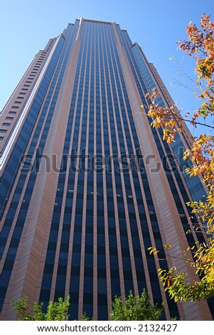 A view of an office tower shot from ground level