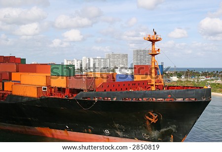Freight on a ship entering a harbor