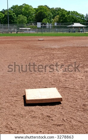 The view from first base to second base on a baseball field