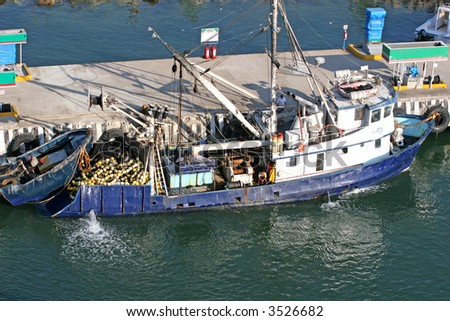 An old fishing boat covered in nets at a pier