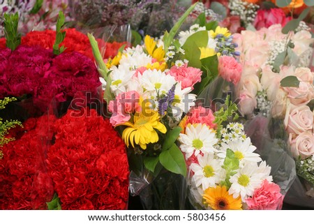 A collection of spring bouquets in a flower shop