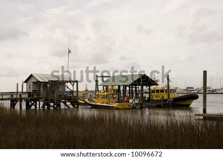 Yellow pilot boats tied up at a pier beyond the marshy wetlands