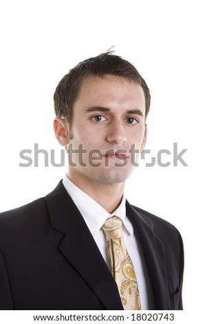 A serious looking young businessman in a nice suit with a gold tie