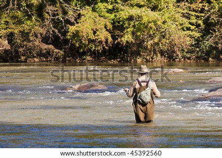 A fly fisherman in a river preparing to cast
