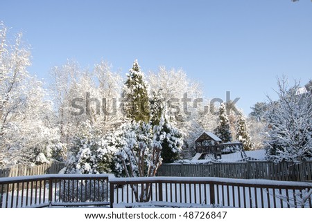A snowy yard from a deck under bright blue sky