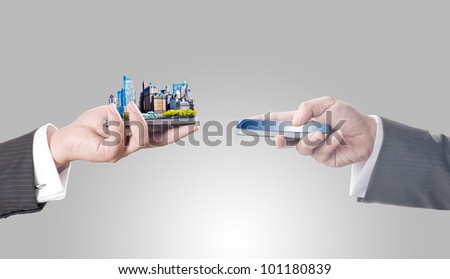 Business men holding smart phone with city on screen for business trading concept