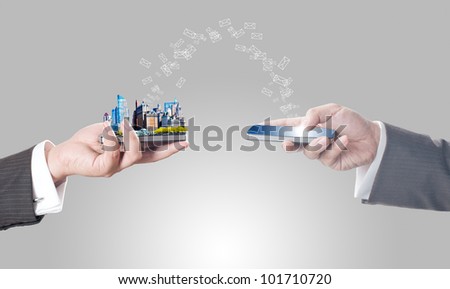 Business men holding smart phone with city on screen and sending mail