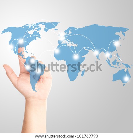 Man\'s finger touching on the touch screen with world map for social and internet connectivity concept